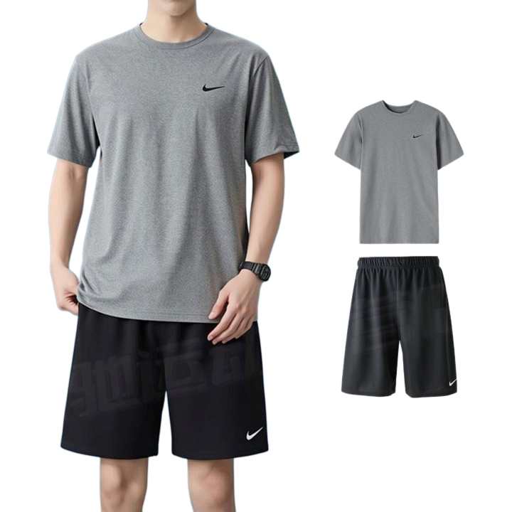 Nike Nike Casual Sportswear Men's Gray Short Sleeved Shirt+Black Shorts Moderate