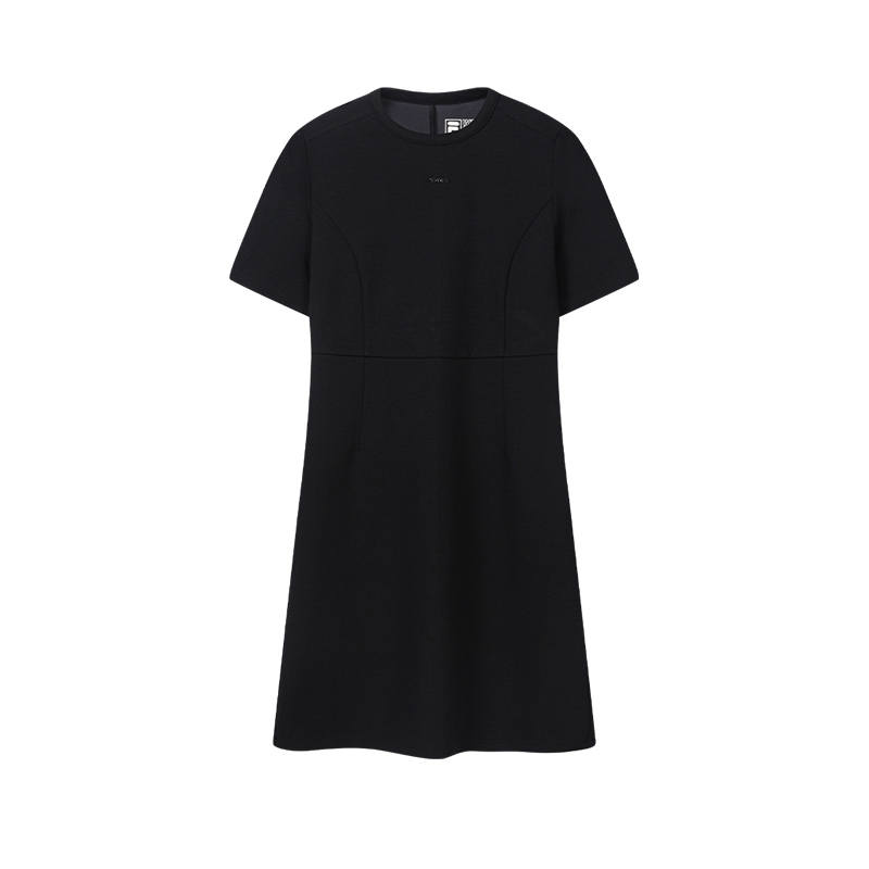 FILA WHITE Short Sleeved Dresses Women's Jet Black Crew Neck Moderate Midi Skirt Other