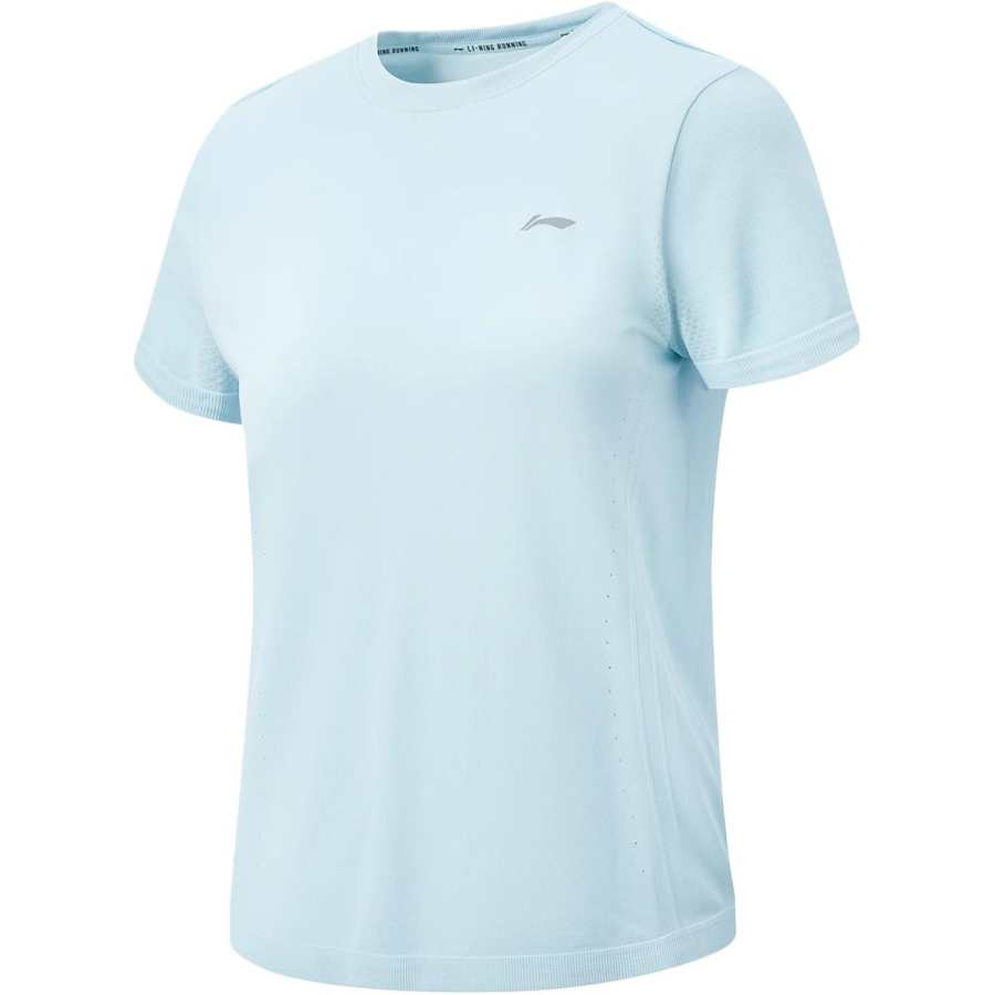 Li-Ning Li Ning Running Collection T Shirts Women's First Frost Blue Crew Neck Moderate Straight Fit