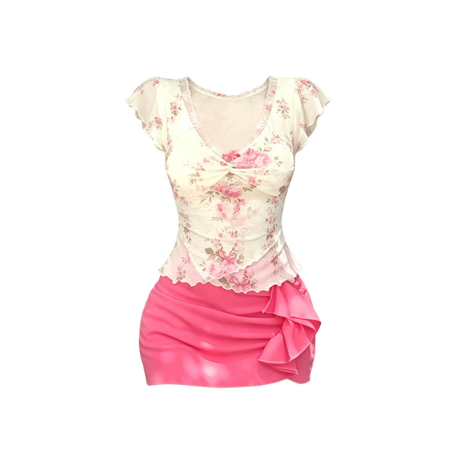 TUSHIFEI Two Piece Skirt Sets Women's V Neck Thin Short Skirt