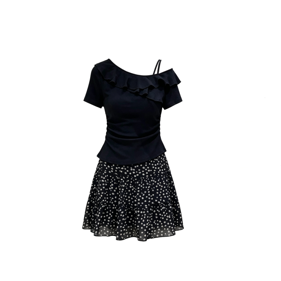 CPAURA Two Piece Skirt Sets Women's Asymmetrical Collar Thin Short Skirt