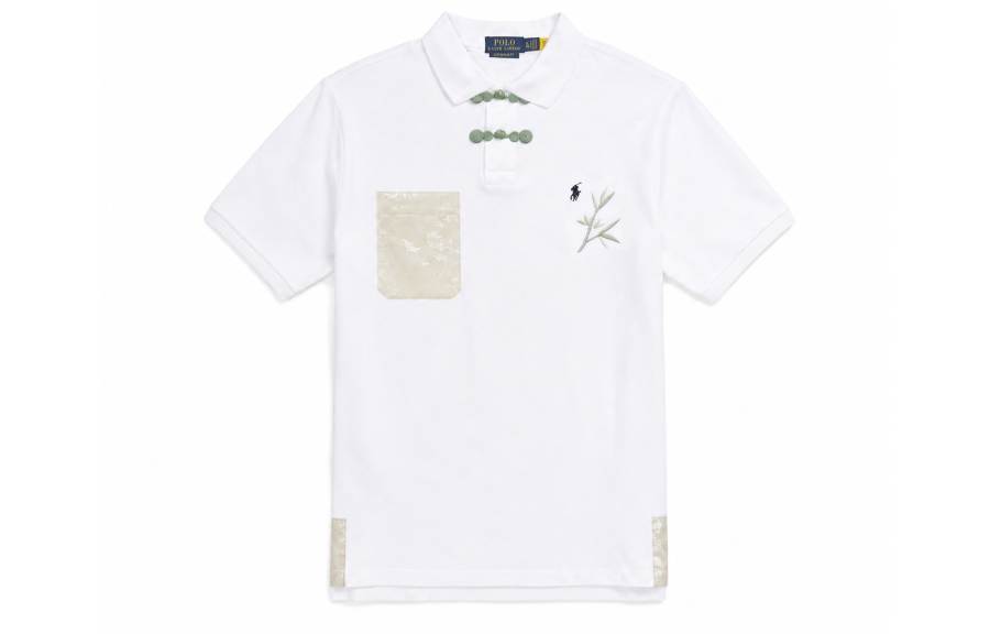 Polo Ralph Lauren Polo Shirts Men's Green Bamboo Brocade Pouch White Polo Collar Moderate Straight Fit