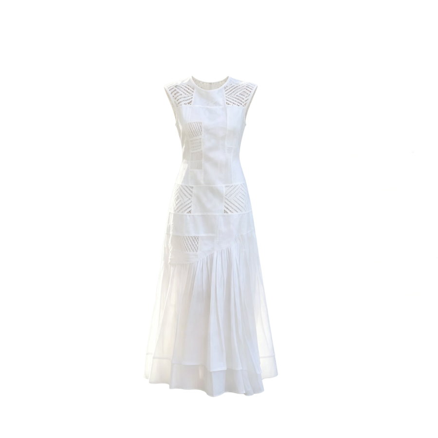 CPAURA Sleeveless Dresses Women's White Dress Crew Neck Thin Long Skirt A Line Skirt