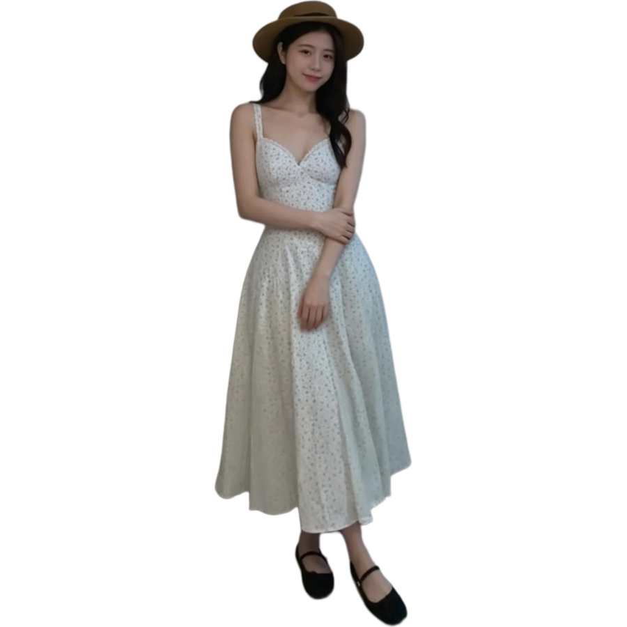 JBBCN Slip Dresses Women's Blue White Floral Dress Thin Midi Skirt A Line Skirt