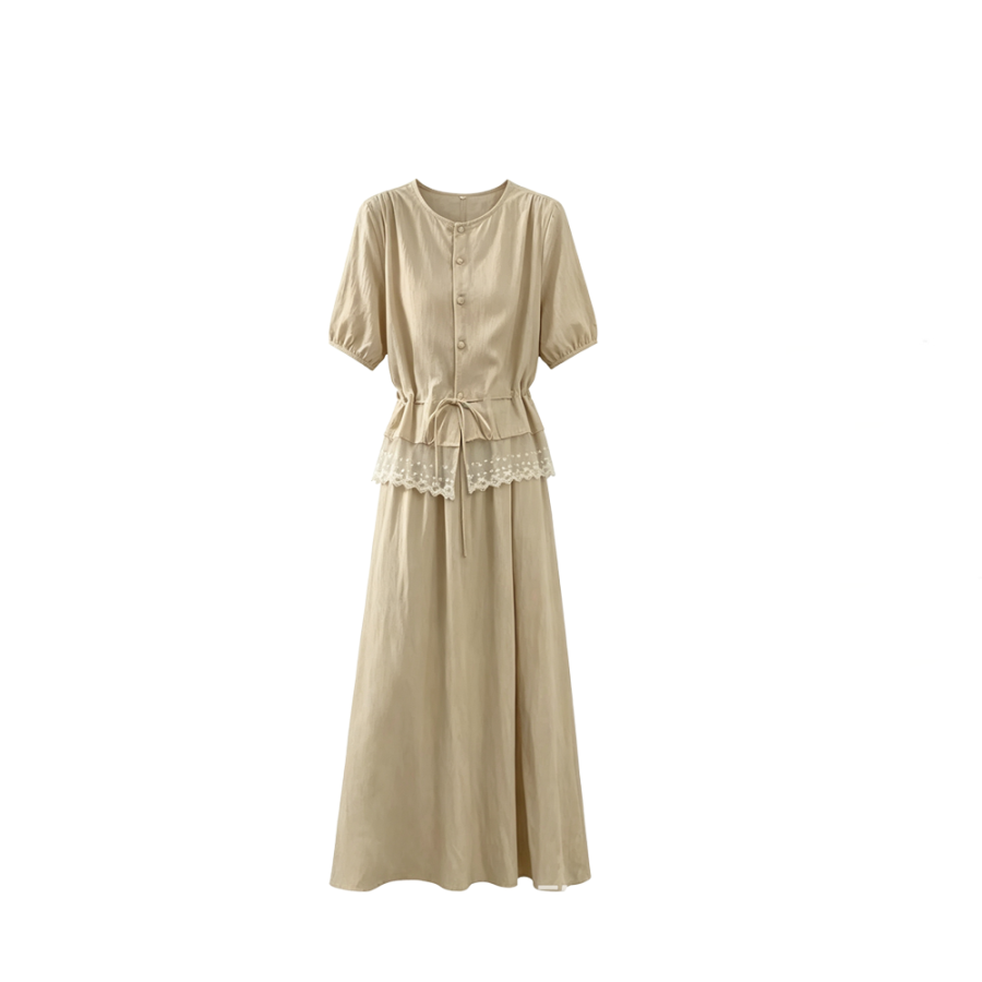 CPAURA Two Piece Skirt Sets Women's Crew Neck Moderate Long Skirt