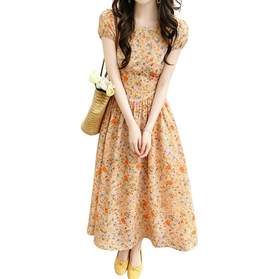 JBBCN Short Sleeved Dresses Women's Orange Crew Neck Thin Midi Skirt A Line Skirt