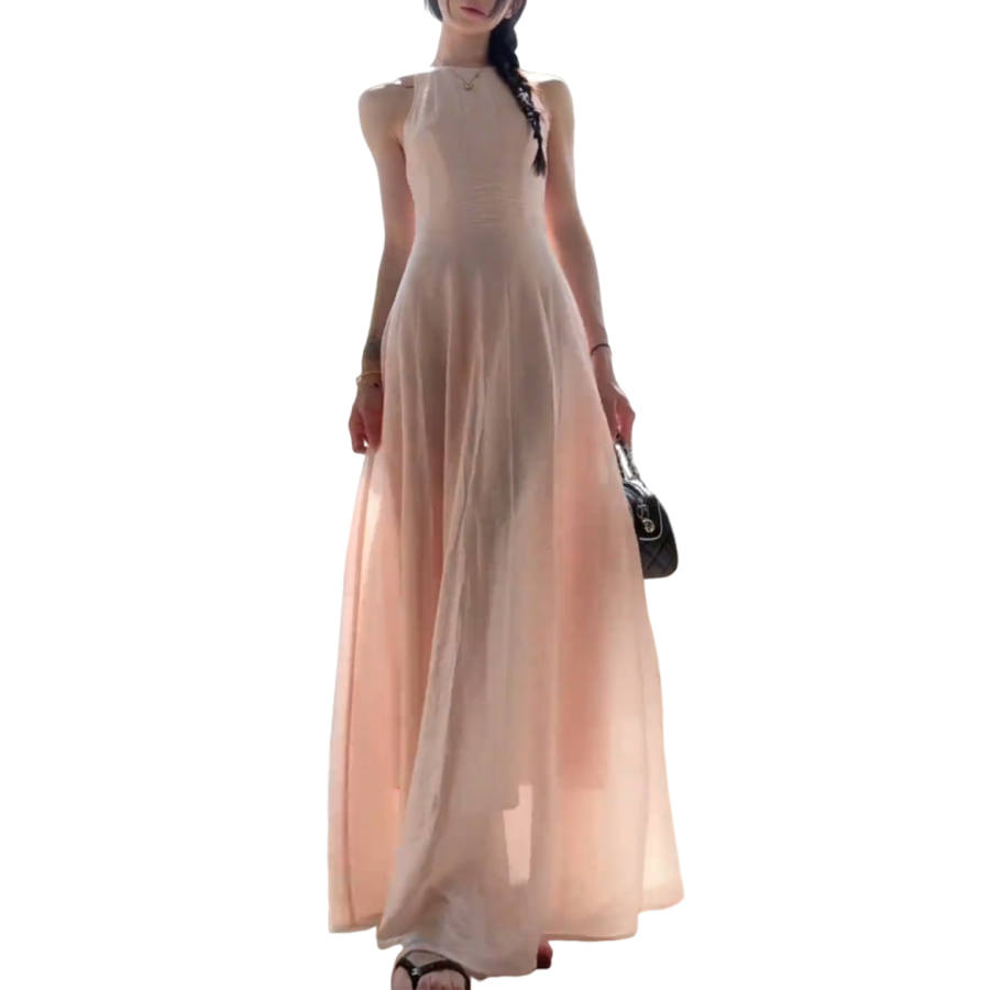 JBBCN Sleeveless Dresses Women's Light Pink Crew Neck Thin Long Skirt A Line Skirt