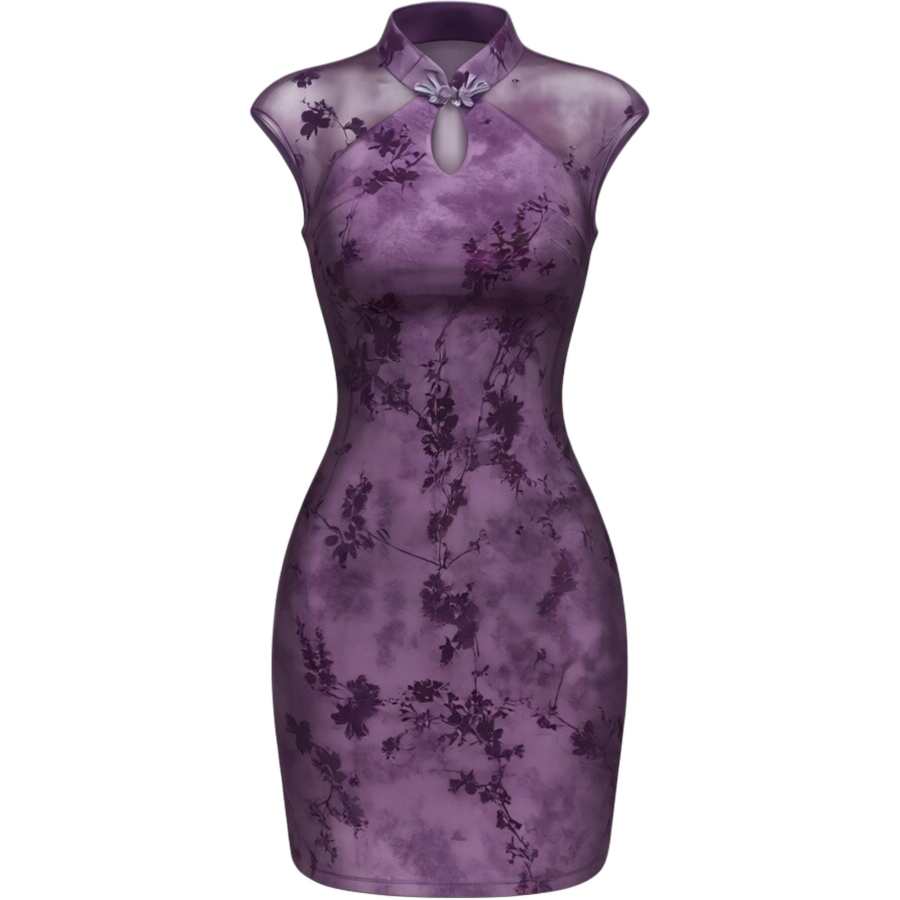 CHARM GLOW Sleeveless Dresses Women's Purple Cheongsam Collar Thin Short Skirt Bodycon Skirt