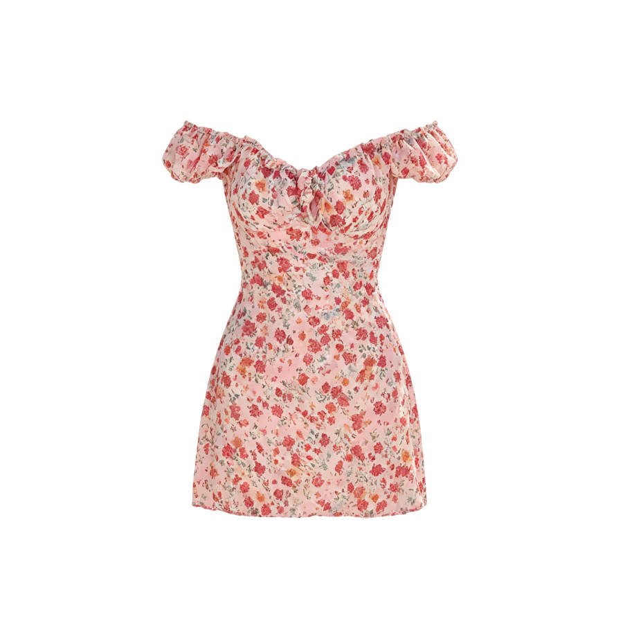 TUSHIFEI Short Sleeved Dresses Women's Crimson Flower Cluster Boat Neck Moderate Short Skirt Bodycon Skirt