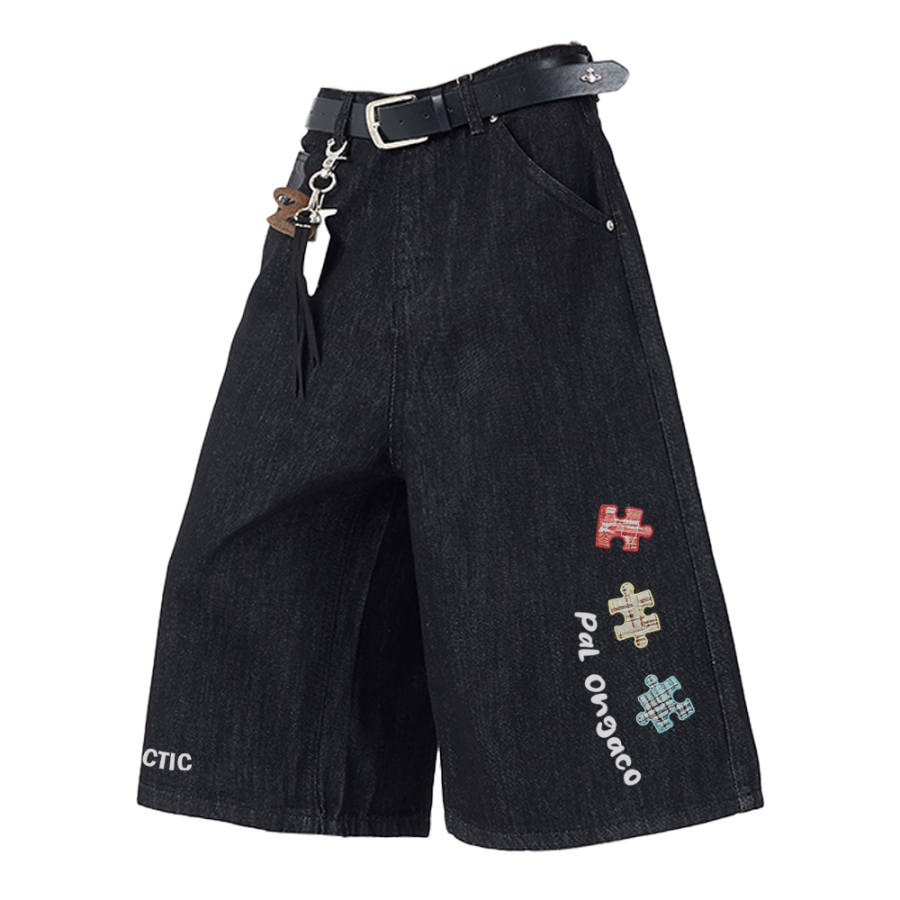 PAL ONGACO Denim Shorts Unisex Black Moderate Straight Fit Pants