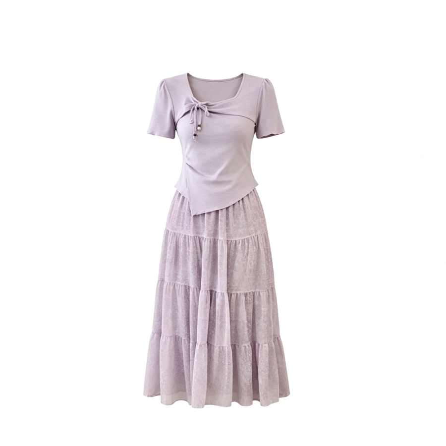 CPAURA Two Piece Skirt Sets Women's Square Collar Thin Long Skirt