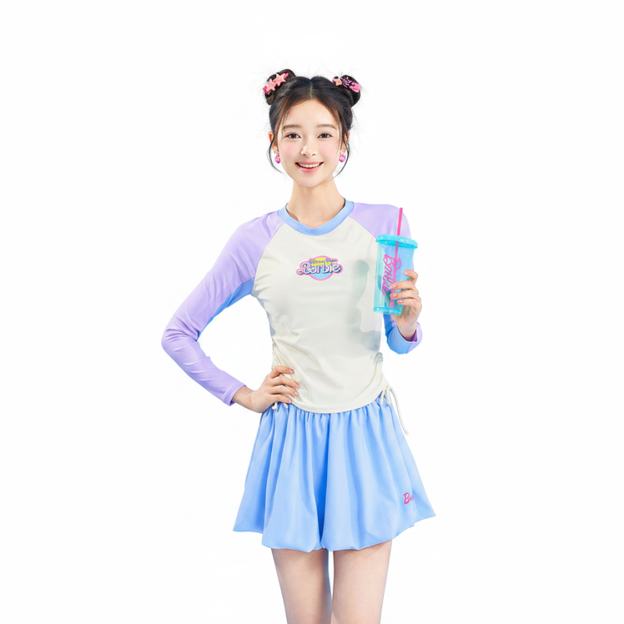 Barbie Two Piece Swimsuits Women's Beige Blue Crew Neck Moderate Short Skirt Two Piece Swimsuit