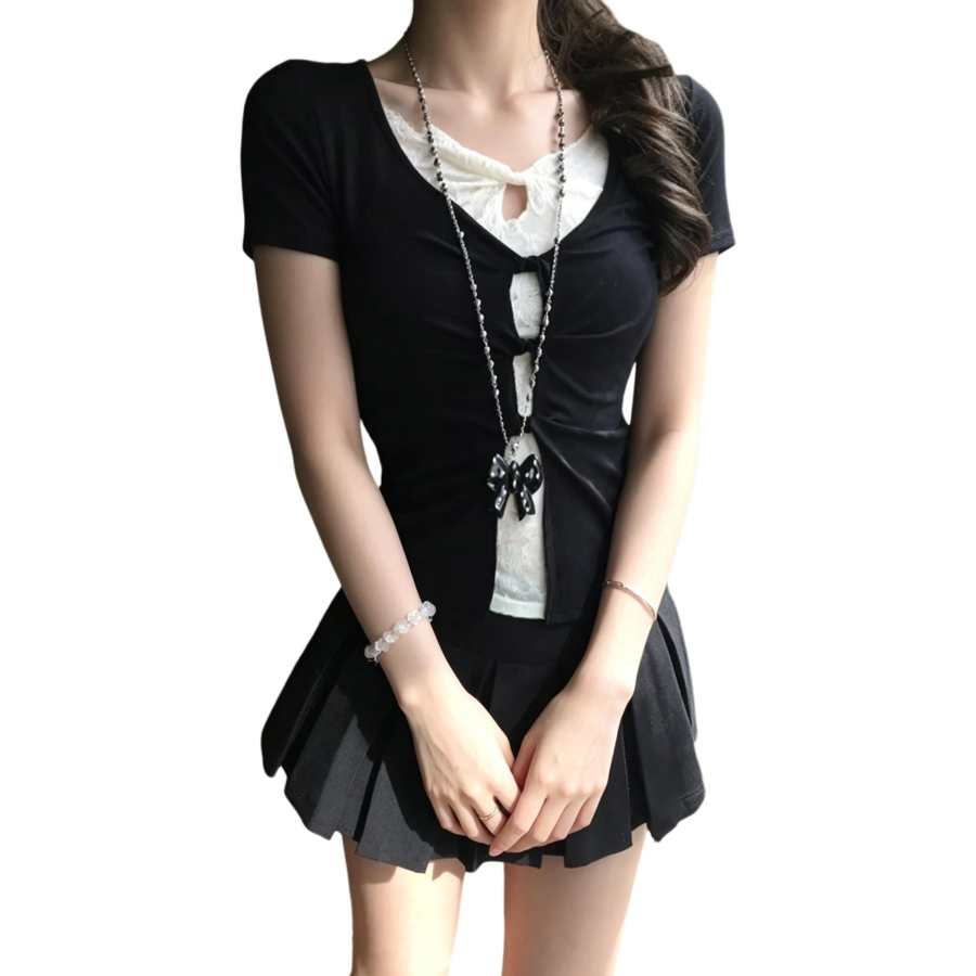 JBBCN Two Piece Skirt Sets Women's V Neck Thin Short Skirt