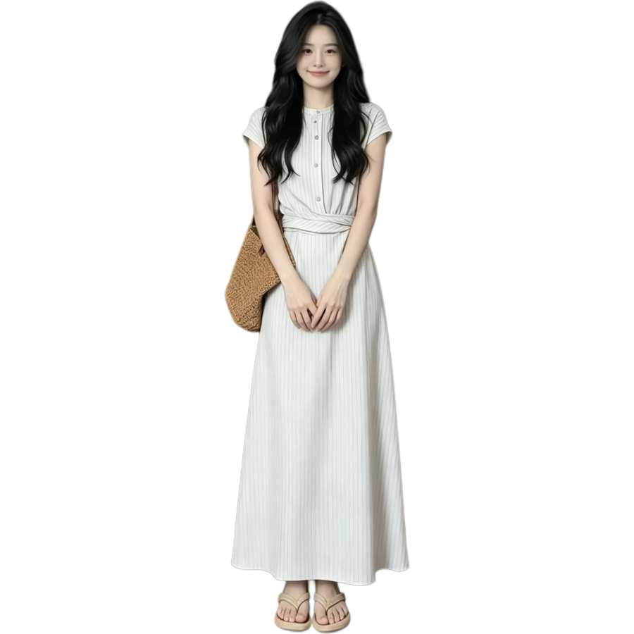 JBBCN Short Sleeved Dresses Women's White Base Stripes Crew Neck Thin Long Skirt A Line Skirt