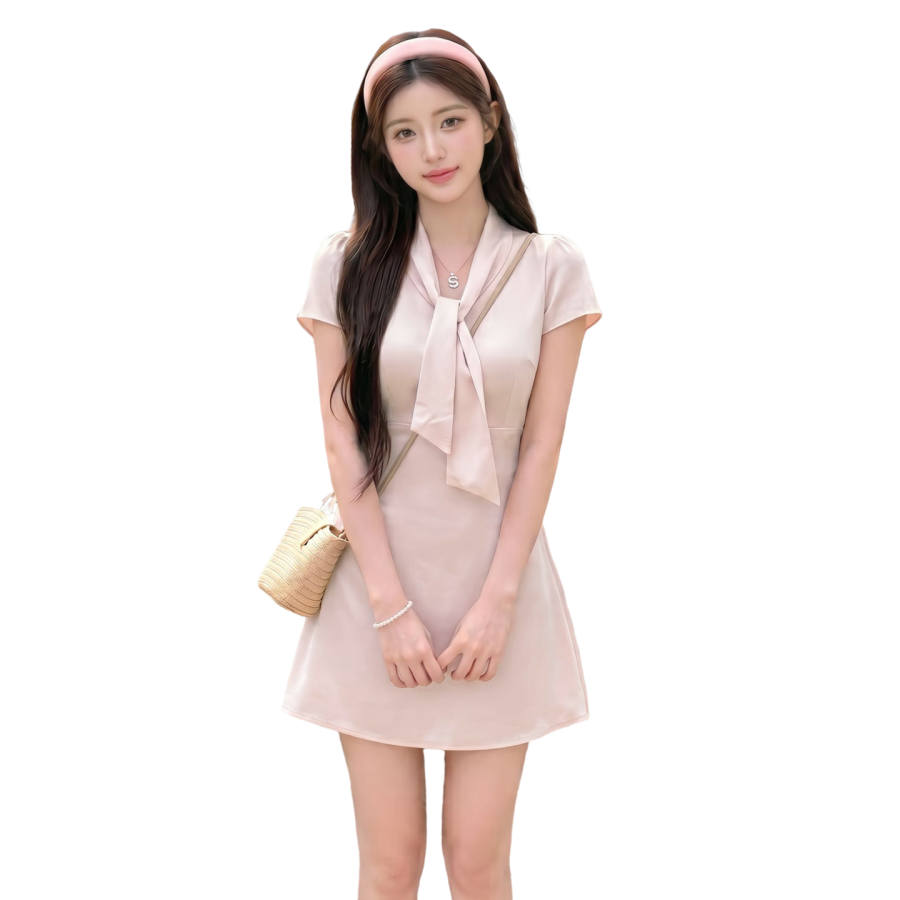 JBBCN Short Sleeved Dresses Women's Pink Short Scarf Collar Thin Short Skirt A Line Skirt