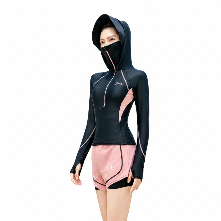 Barbie Two Piece Swimsuits Women's Black Pink Hooded Non Detachable Moderate Square Leg Two Piece Swimsuit