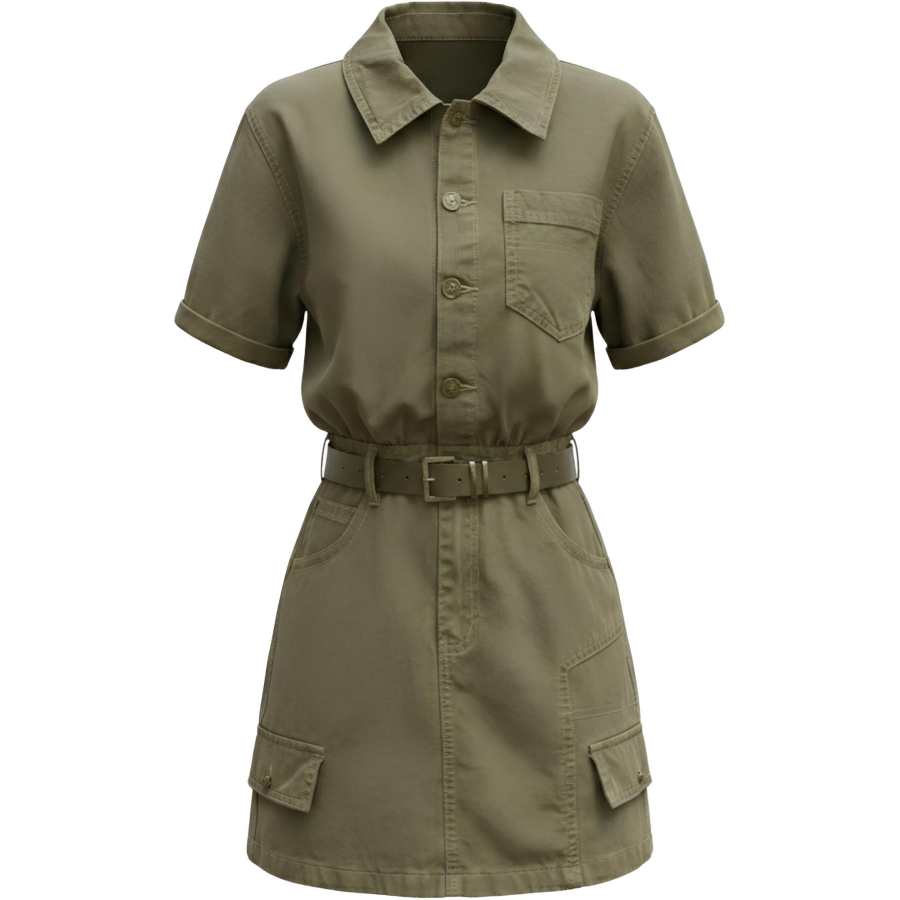 CHARM GLOW Short Sleeved Dresses Women's Army Green Lapel Thin Short Skirt A Line Skirt