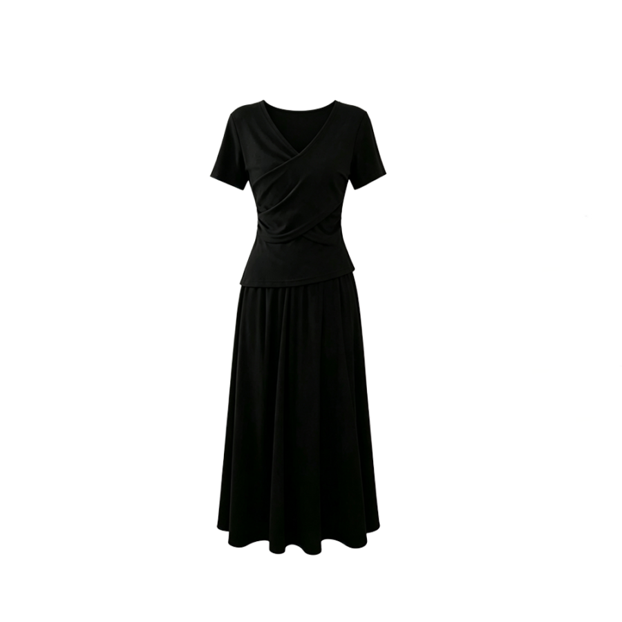 CPAURA Two Piece Skirt Sets Women's V Neck Moderate Long Skirt