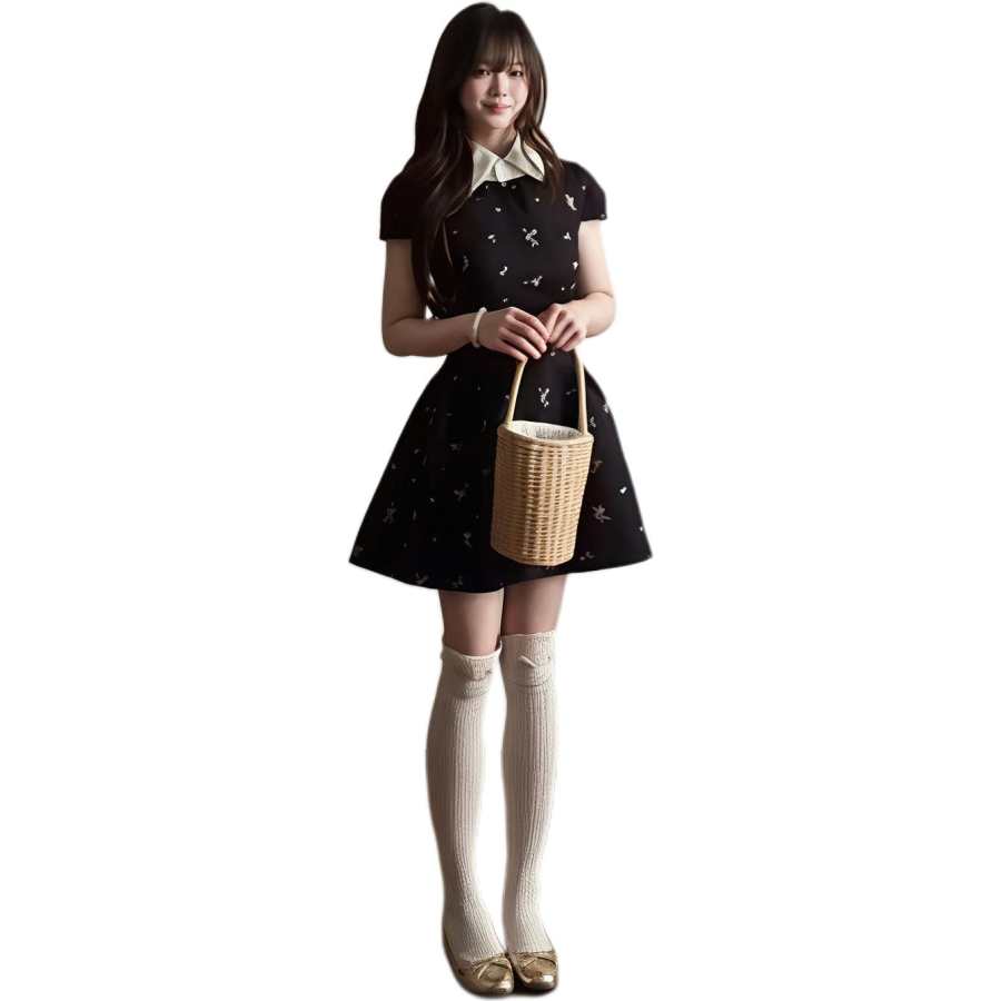 JBBCN Short Sleeved Dresses Women's Black Multicolor Lapel Moderate Short Skirt