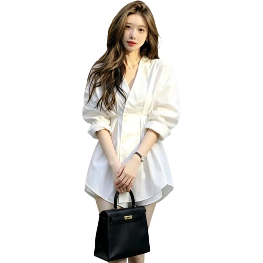 JBBCN Shirts Women's White V Neck Thin Nipped In Waist