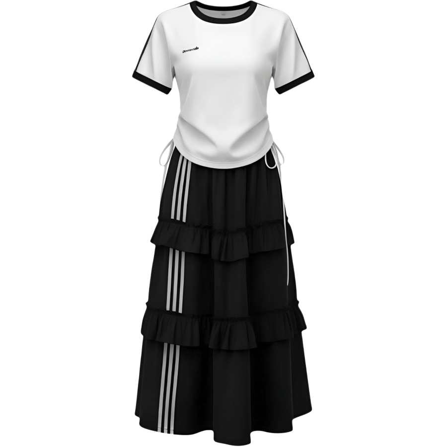 CHARM GLOW Two Piece Skirt Sets Women's Crew Neck Thin Long Skirt