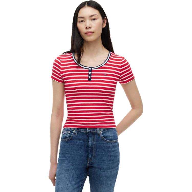 Tommy Hilfiger T Shirts Women's Red White Stripes 0EX Henry Collar Moderate