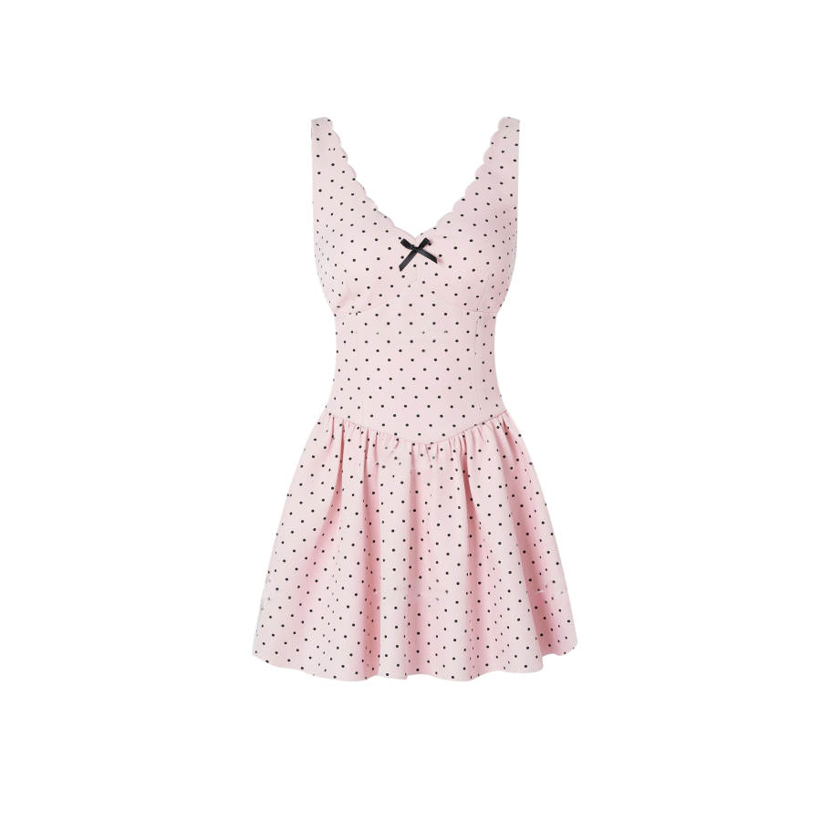 TUSHIFEI Sleeveless Dresses Women's Pink Polka Dot V Neck Moderate Short Skirt A Line Skirt