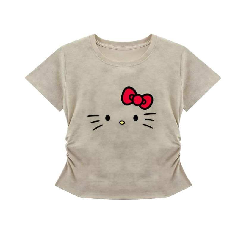 Sanrio X Hello Kitty T Shirts Women's Khaki Crew Neck Moderate Nipped In Waist