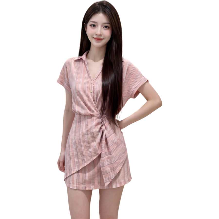 JBBCN Short Sleeved Dresses Women's Pink Lapel Thin Short Skirt A Line Skirt