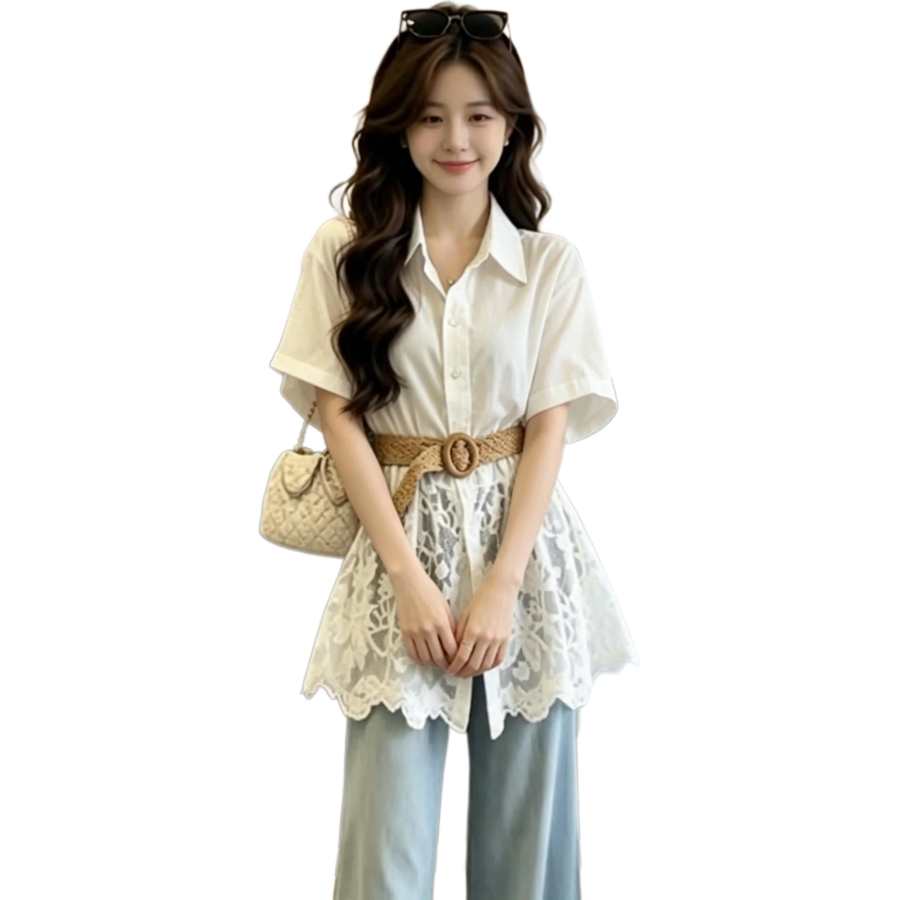 JBBCN Shirts Women's White Includes Belt Lapel Thin Nipped In Waist