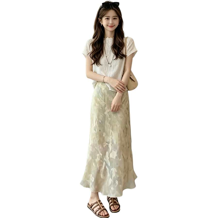 JBBCN Two Piece Skirt Sets Women's Lettuce Edge Collar Thin Long Skirt