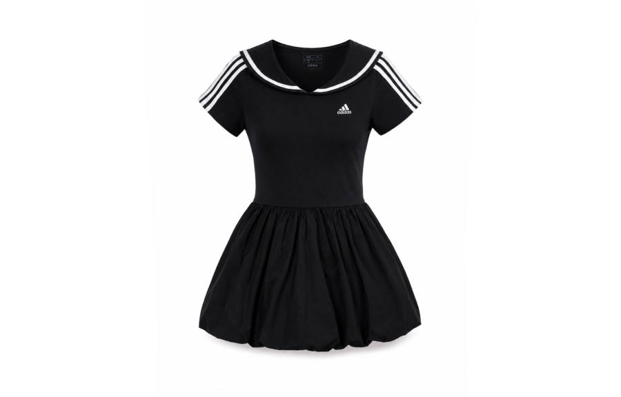 Adidas Adidas ESSENTIALS 3 Stripes Short Sleeved Dresses Women's Black Moderate Midi Dress A Line Skirt