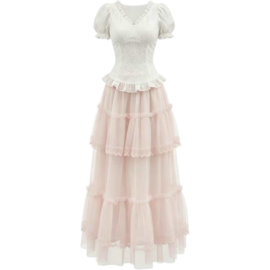 CHARM GLOW Two Piece Skirt Sets Women's V Neck Moderate Long Skirt