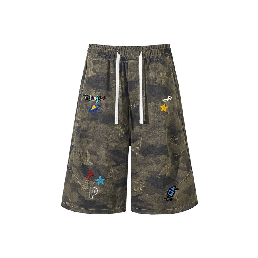 PAL ONGACO Denim Shorts Unisex Camouflage Moderate Straight Fit Pants