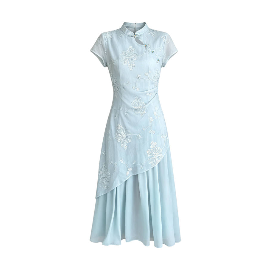 TUSHIFEI Short Sleeved Dresses Women's Light Blue Stand Collar Thin Midi Skirt A Line Skirt