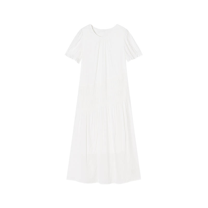 XIANGYING Short Sleeved Dresses Women's White Crew Neck Moderate Midi Skirt
