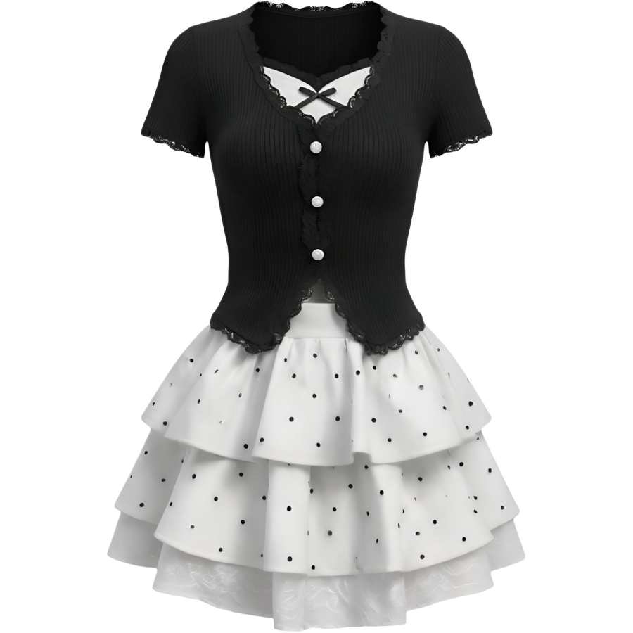 CHARM GLOW Two Piece Skirt Sets Women's V Neck Thin Short Skirt
