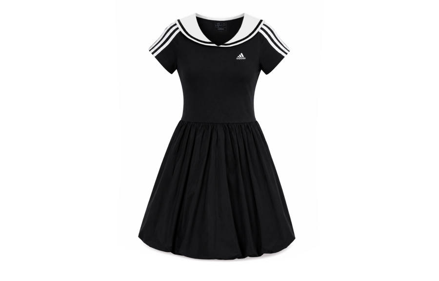 Adidas Adidas ESSENTIALS 3 Stripes Short Sleeved Dresses Women's Black Navy Collar Moderate Midi Dress A Line Skirt