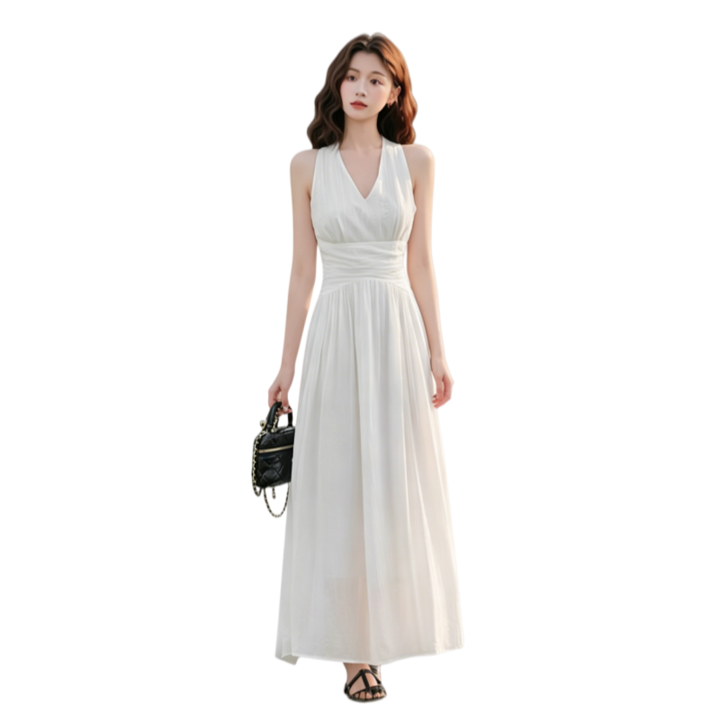 CPAURA Sleeveless Dresses Women's White V Neck Moderate Long Skirt A Line Skirt