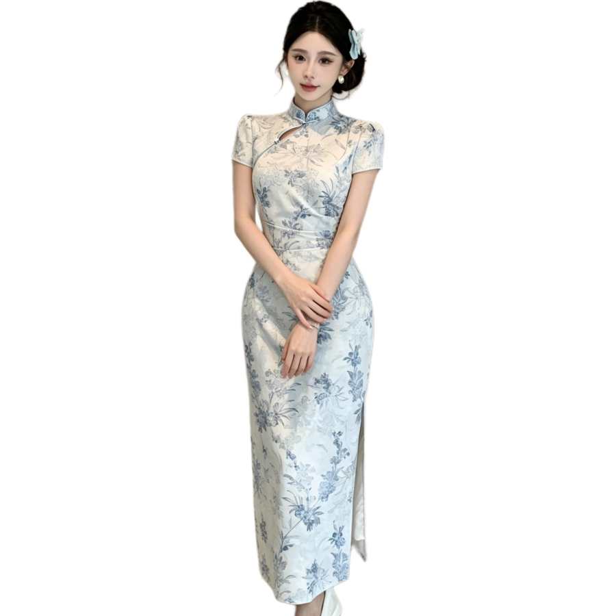 JBBCN Short Sleeved Dresses Women's Gray Blue Cheongsam Collar Moderate Long Skirt Bodycon Skirt