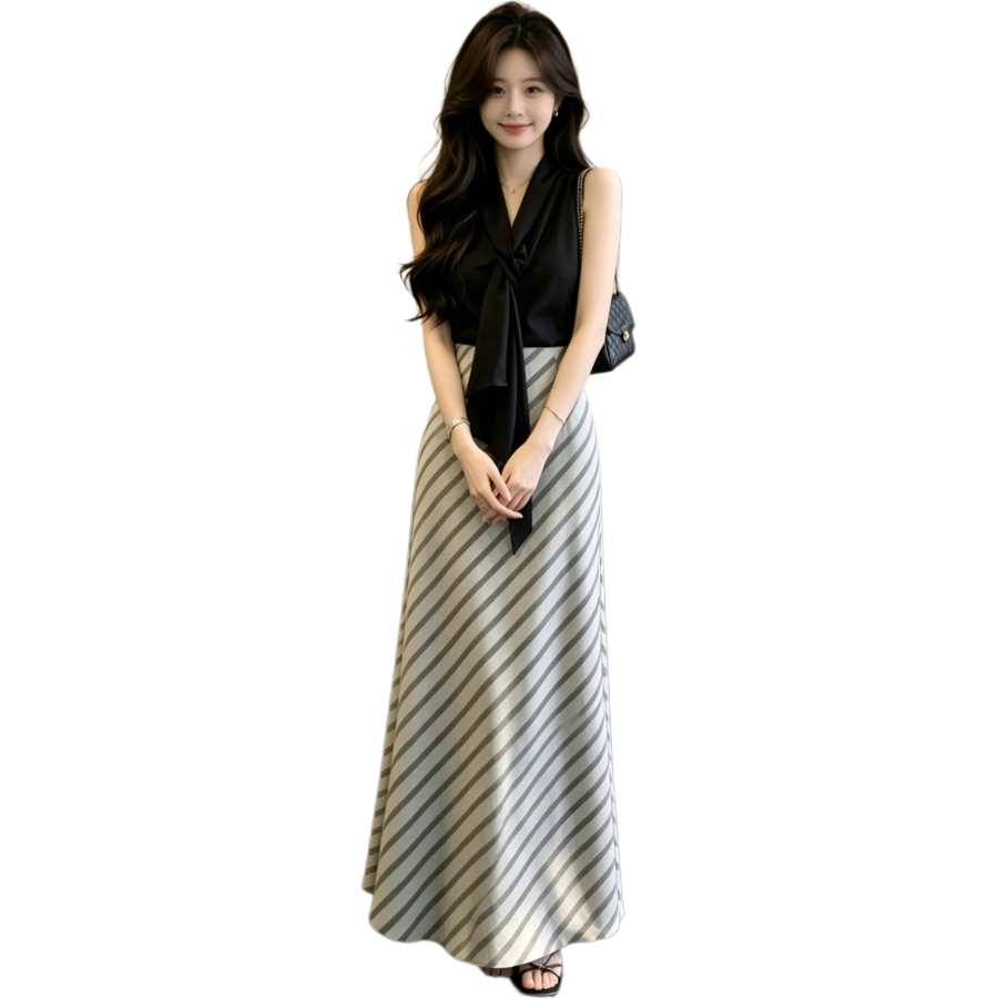 JBBCN Two Piece Skirt Sets Women's V Neck Thin Long Skirt