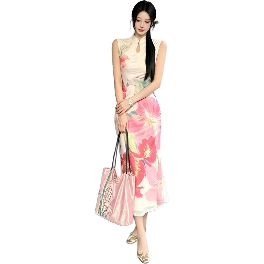 JBBCN Sleeveless Dresses Women's Cheongsam Collar Thin Midi Skirt Fishtail Dress