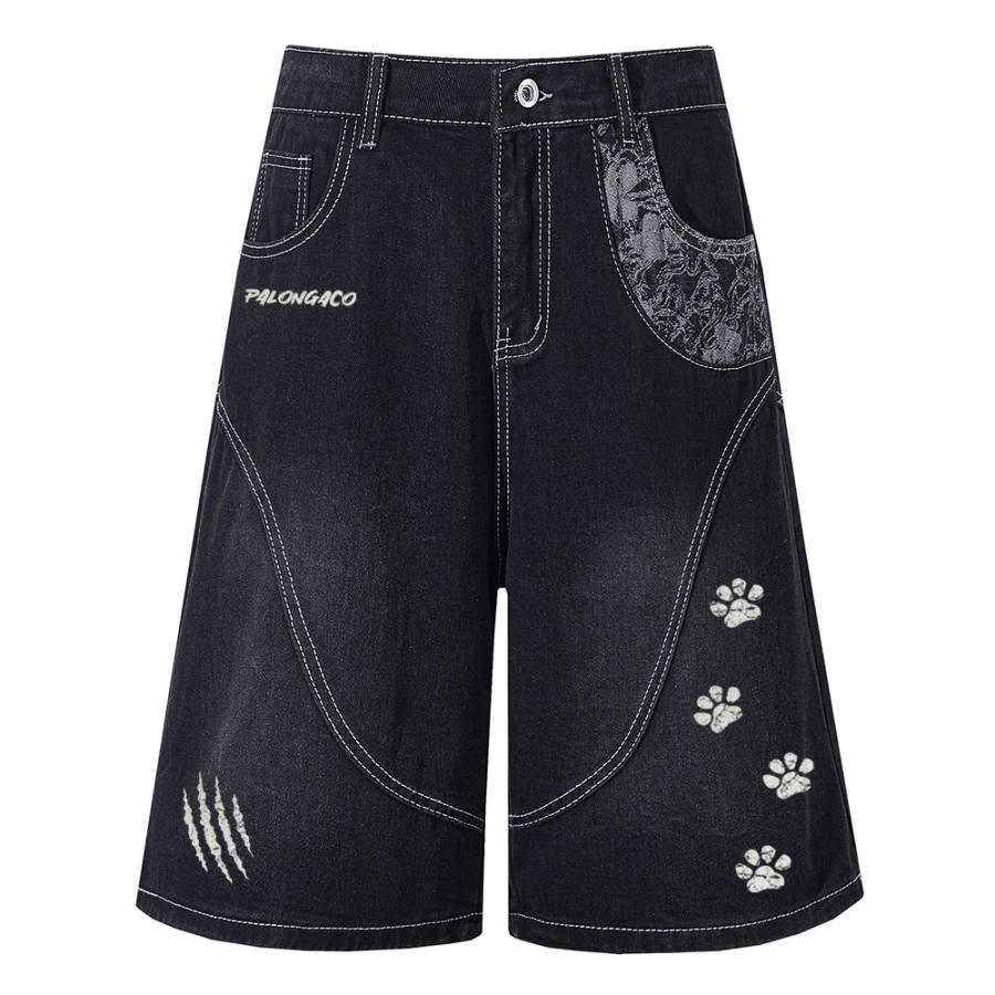 PAL ONGACO Denim Shorts Unisex Black Moderate Wide Leg Pants