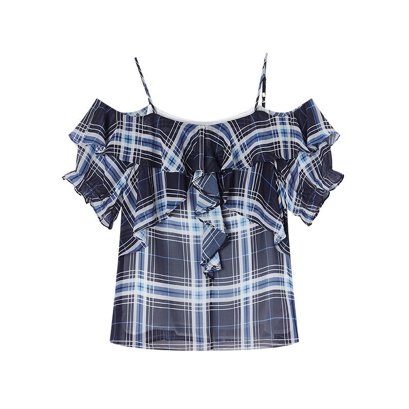 XIANGYING Chiffon Shirts Women's Blue Plaid Boat Neck