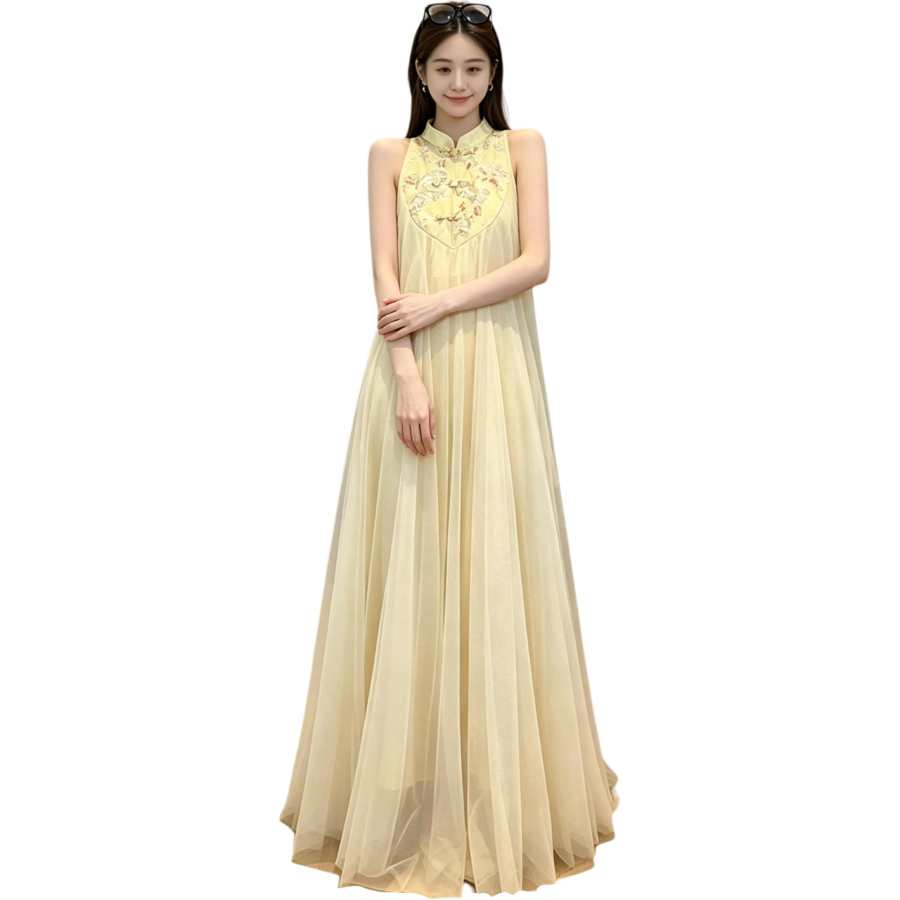 JBBCN Sleeveless Dresses Women's Light Gold Stand Collar Thin Long Skirt A Line Skirt