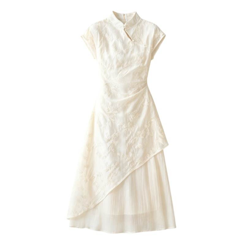 CPAURA Short Sleeved Dresses Women's Apricot Stand Collar Moderate Long Skirt A Line Skirt