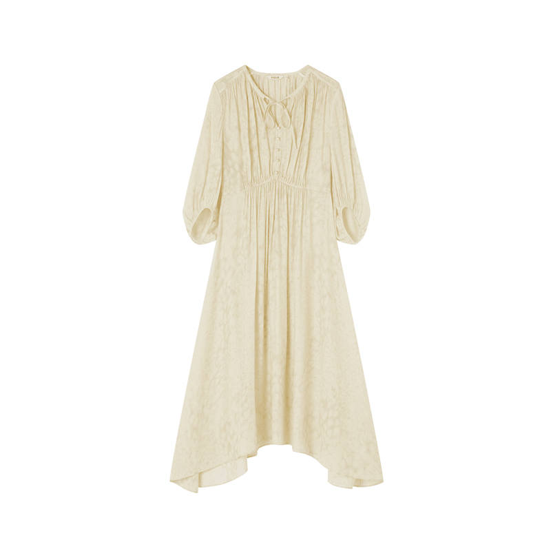 XIANGYING Short Sleeved Dresses Women's Light Yellow Crew Neck Moderate Midi Skirt
