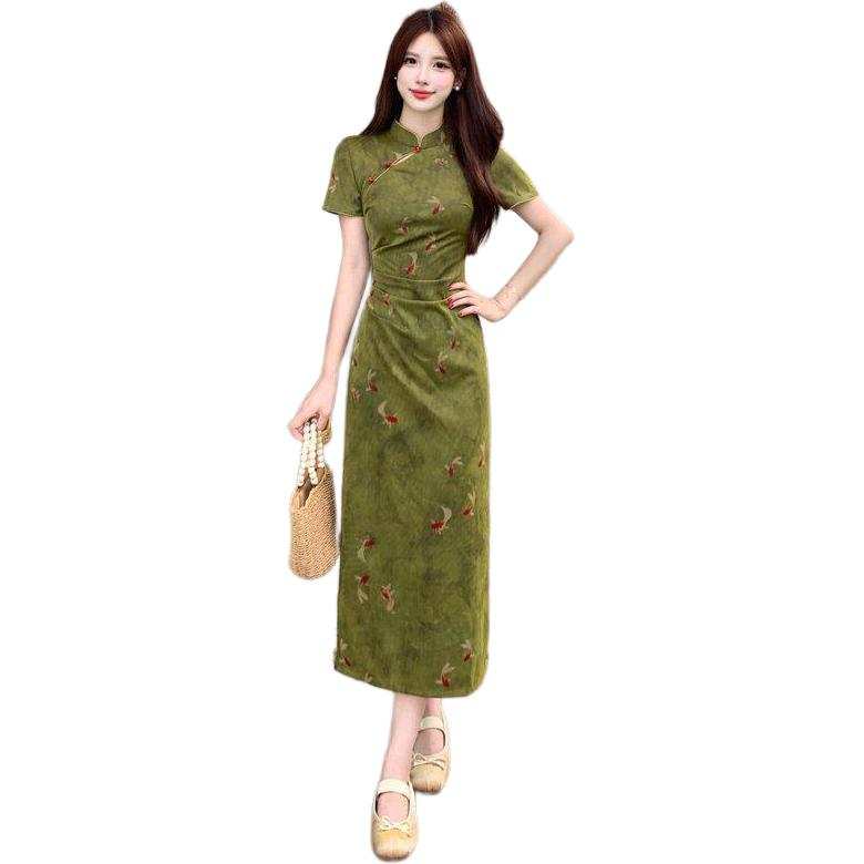 JBBCN Short Sleeved Dresses Women's Green Cheongsam Collar Moderate Midi Skirt Other