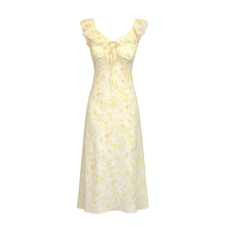 Sugarfunk Sleeveless Dresses Women's Light Yellow V Neck Moderate Long Skirt A Line Skirt