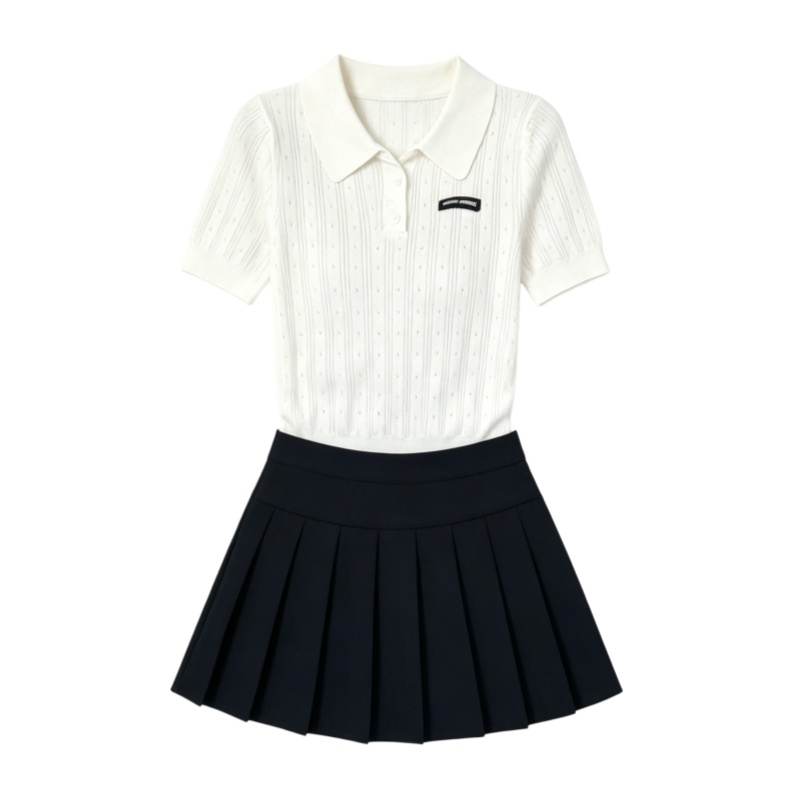 CPAURA Two Piece Skirt Sets Women's Polo Collar Moderate Short Skirt